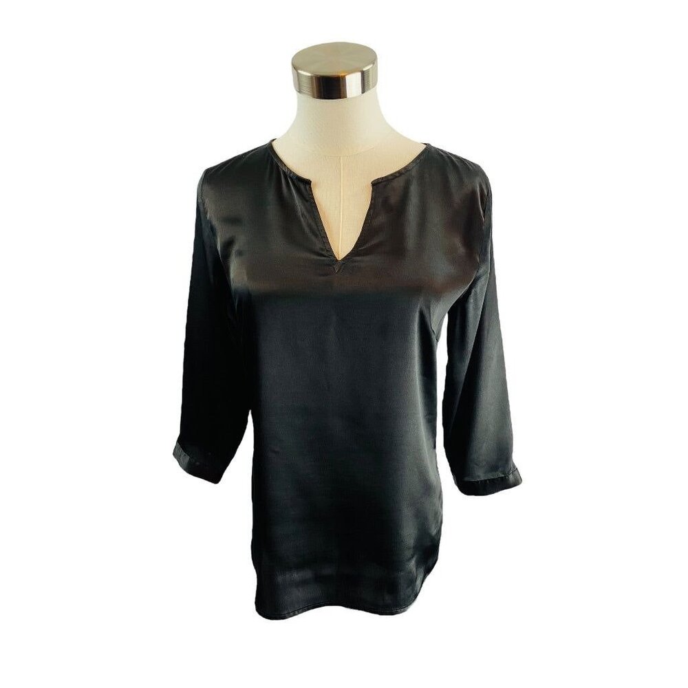 XS The Limited Womens Black Satin 3/4 Sleeve Pullover Split Neck Blouse